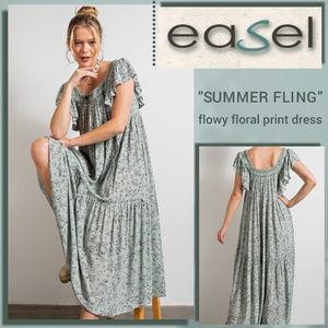 EASEL "Summer Fling" Lightweight Floral Print Ruffle Trim Tiered Midi Maxi Dress